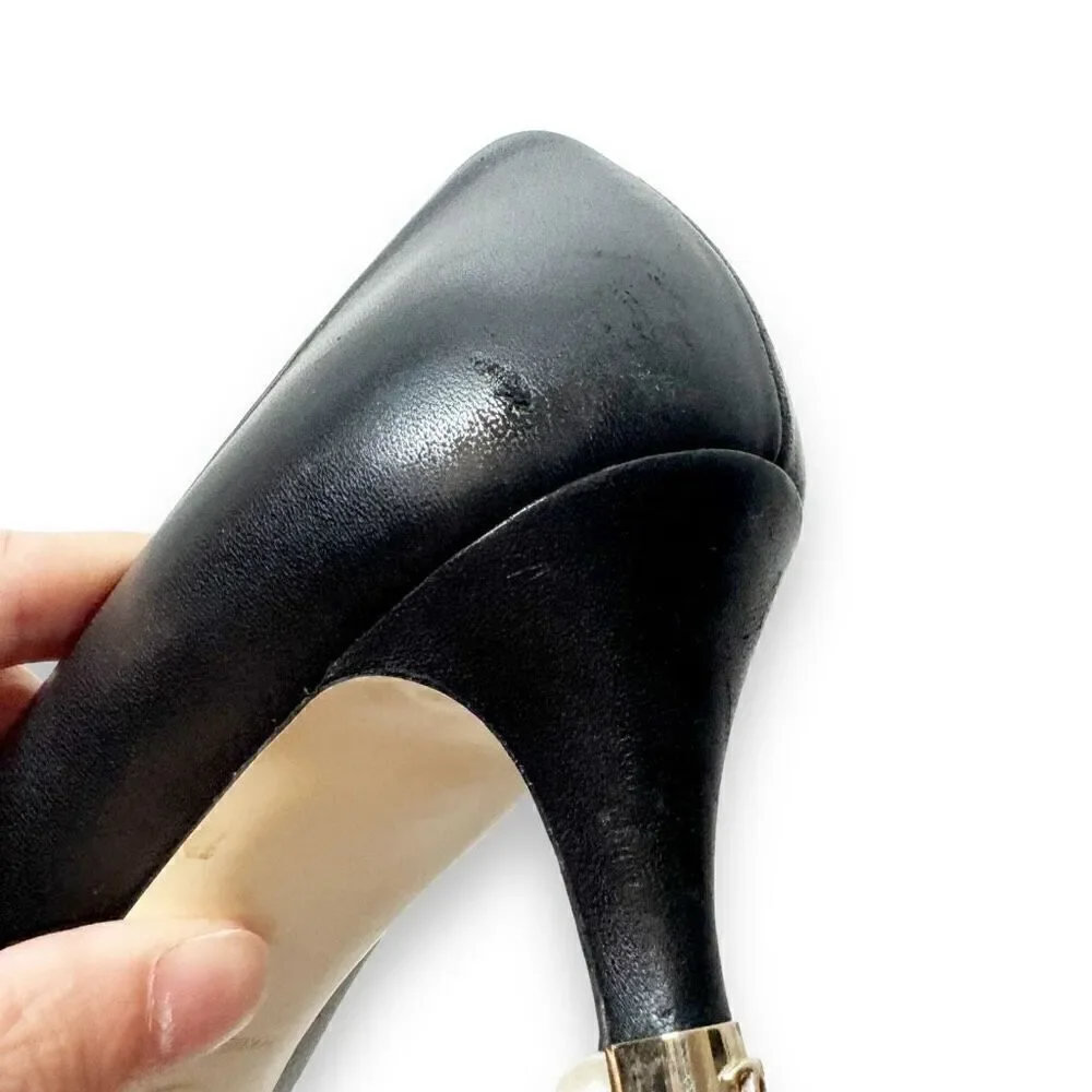 Chanel Black Matte Leather CC Gold Logo and Pearl Embellished Heel Pumps Size 37
